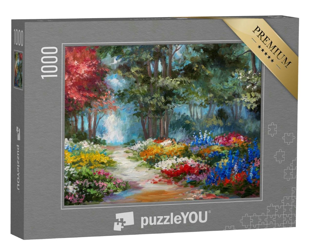 Puzzle 1000 Teile „Ölgemälde: Von Blumen gesäumter Waldweg“