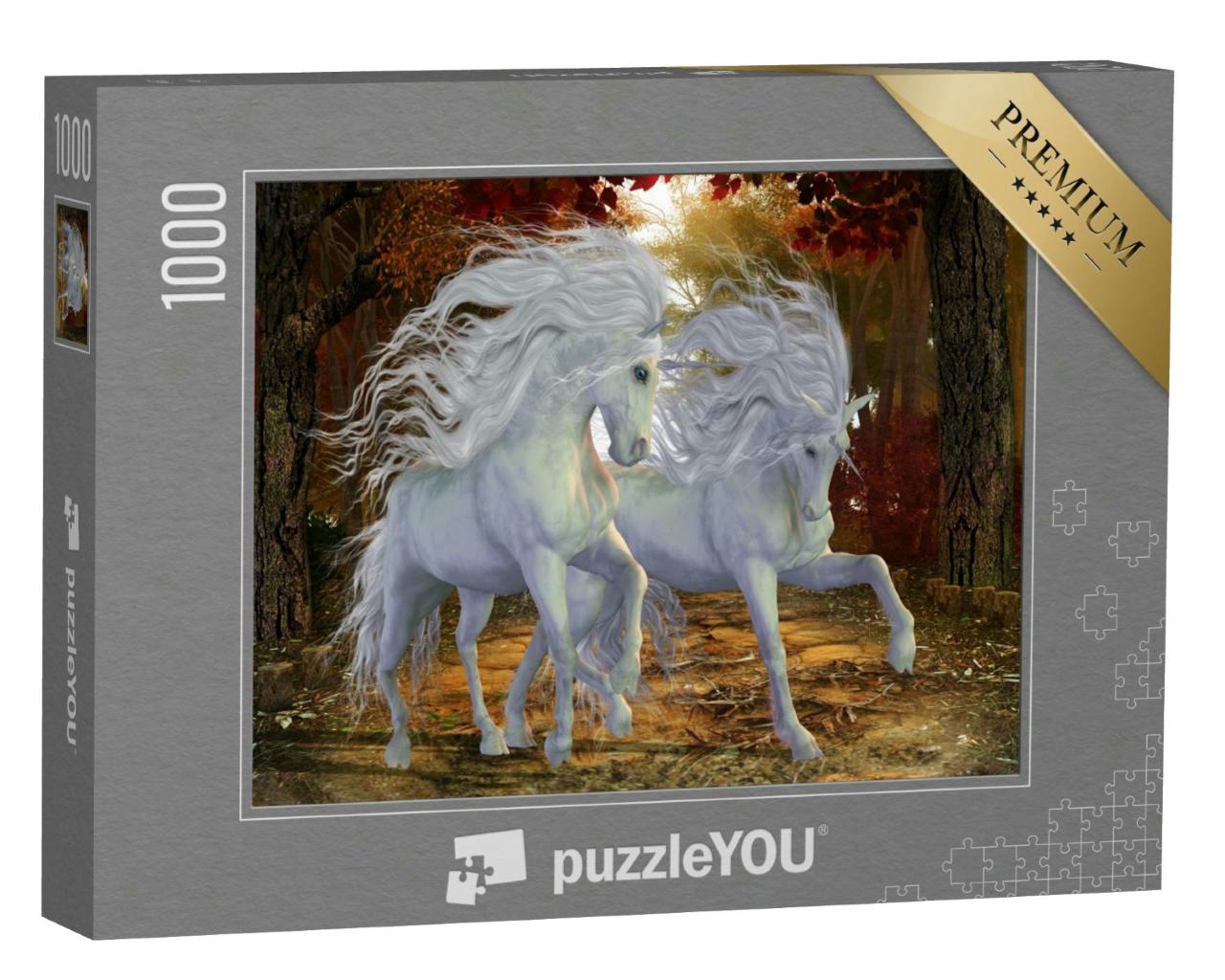 Puzzle 1000 Teile „Wunderschöne magische Einhornhirsche auf einem Waldweg“