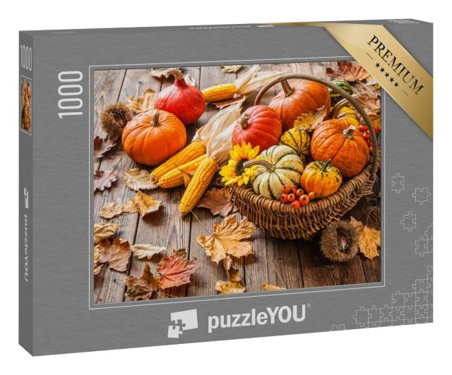 Puzzle 1000 Teile „Herbststillleben mit Kürbissen, Maiskolben und Blättern “