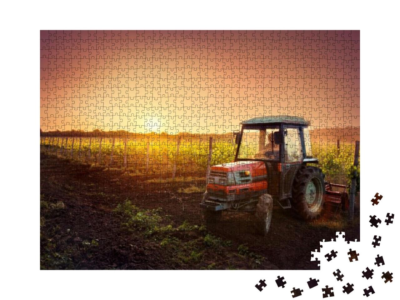 Puzzle 1000 Teile „Weinreben auf dem Feld und ein roter Traktor“