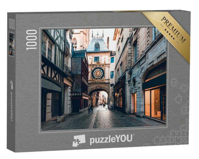 Puzzle 1000 Teile „Große Uhr an einer Straße mit Fachwerkhäusern, Rouen, Frankreich“