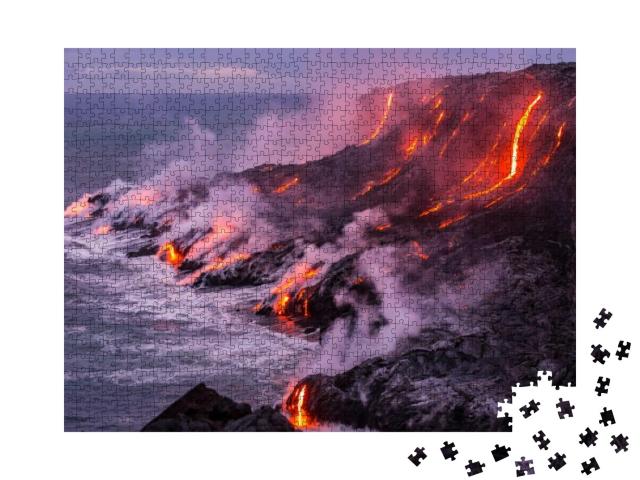 Puzzle 1000 Teile „Kleine Ströme von Lava laufen in den Ozean“