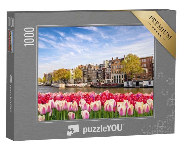 Puzzle 1000 Teile „Stadtsilhouette von Amsterdam mit Frühlingstulpen, Niederlande“