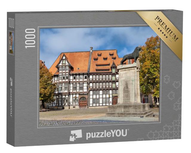 Puzzle 1000 Teile „Fachwerkhaus und Löwenstatue, Burgplatz in Braunschweig, Deutschland“