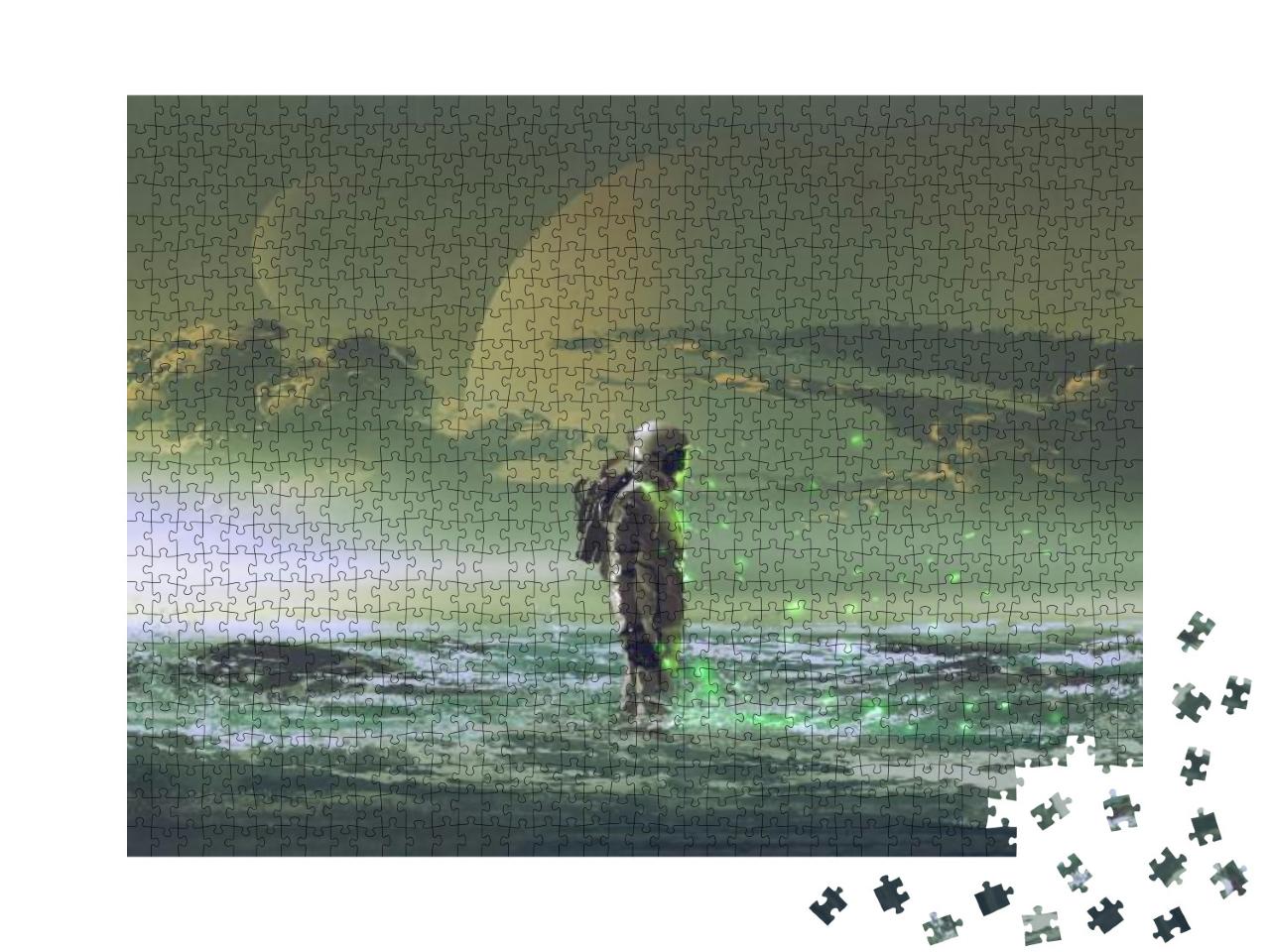 Puzzle 1000 Teile „Astronaut, der im Meer steht, im Hintergrund Planeten, digitaler Kunststil“
