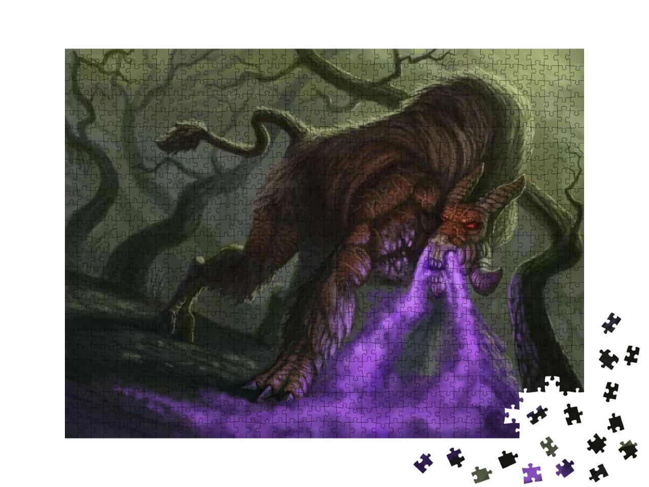 Puzzle 1000 Teile „Fantastisches Tierwesen mit lila Atem im Wald“