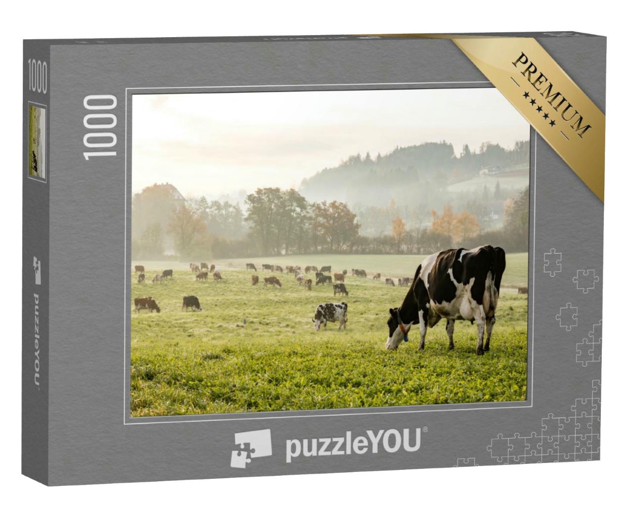 Puzzle 1000 Teile „Holsteinkühe an einem Herbstmorgen in der Schweiz“