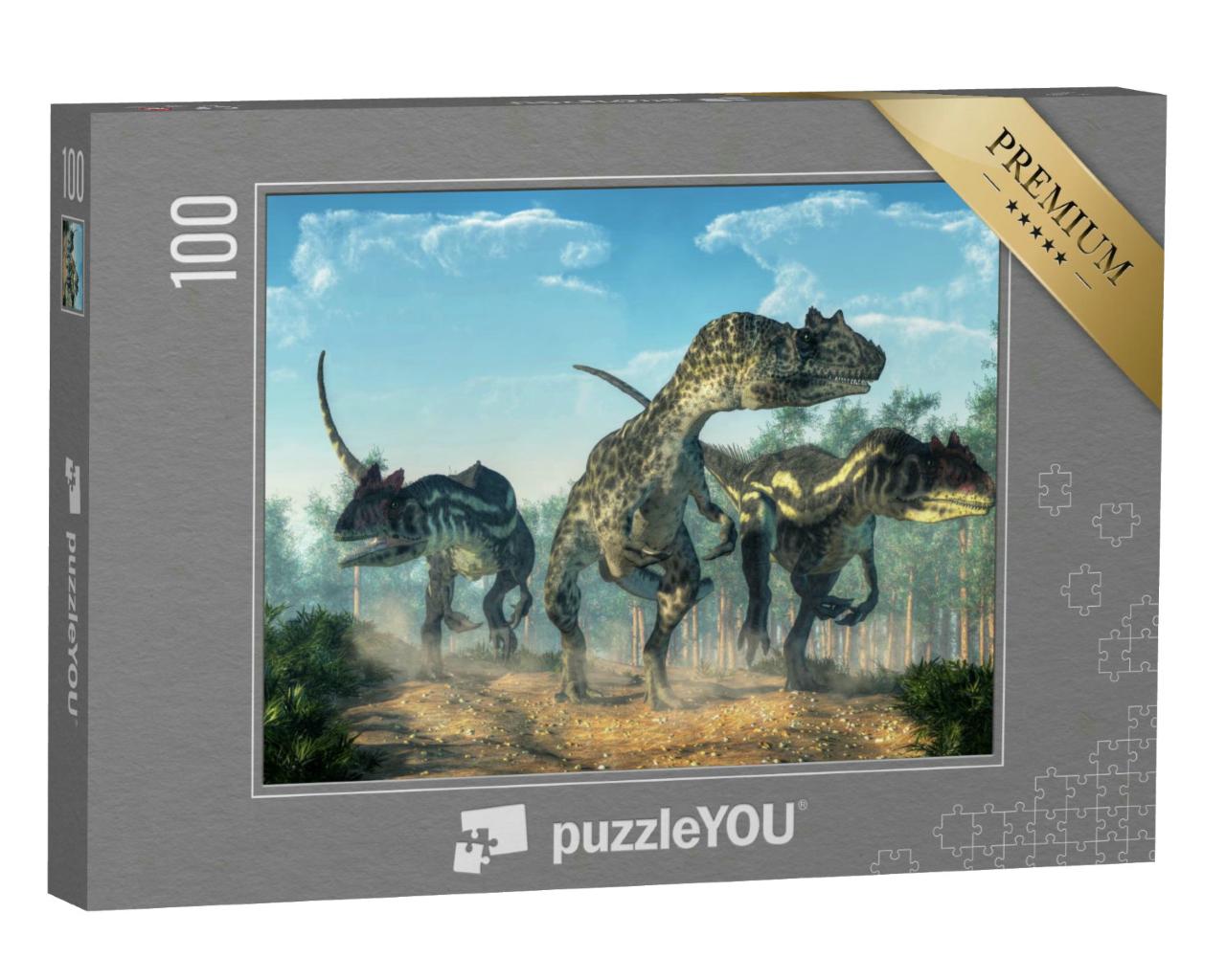 Puzzle 100 Teile „Drei Allosaurier wirbeln Staub auf “