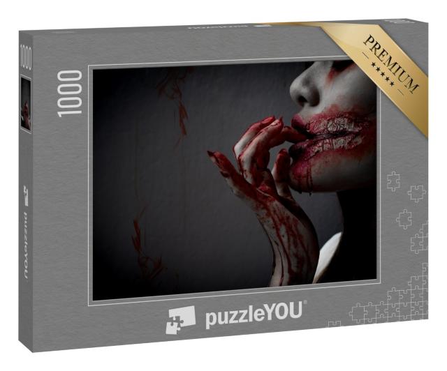 Puzzle 1000 Teile „Zombie-Frau mit Blut an der Hand und am Mund “