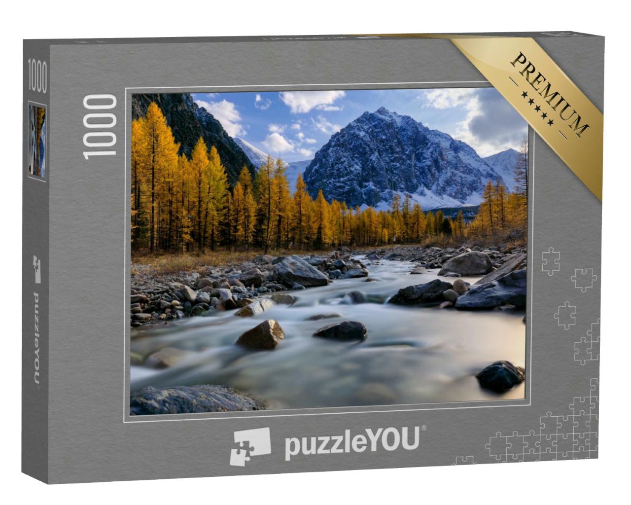 Puzzle 1000 Teile „Aktru-Fluss und Karatasch-Gipfel bei Sonnenuntergang, Westsibirien“