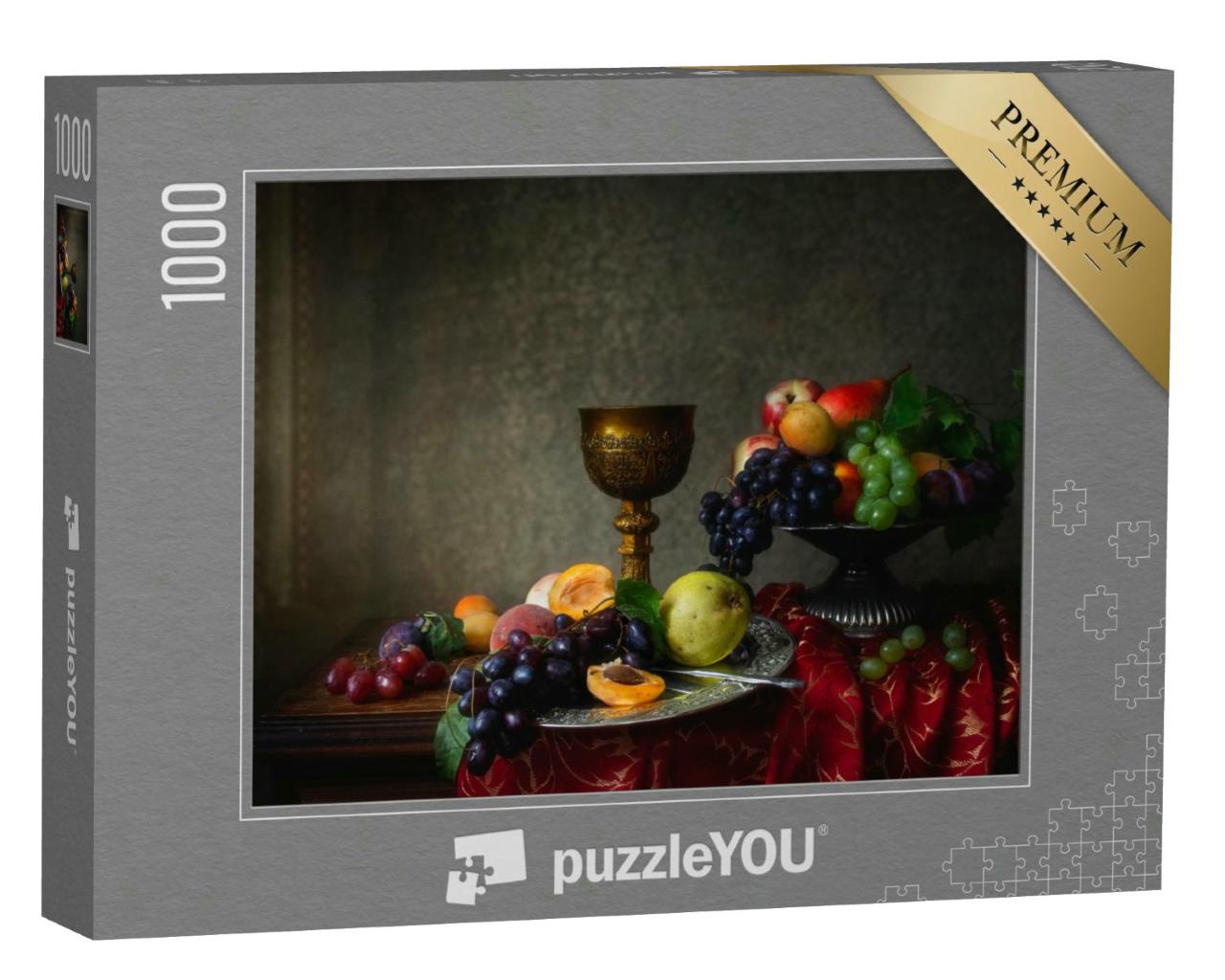 Puzzle 1000 Teile „Früchtestillleben im Barockstil mit Trauben, Pfirsichen, Pflaumen und Birnen“