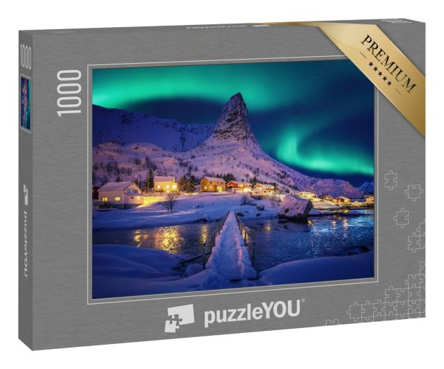 Puzzle 1000 Teile „Polarlichter in der winterlichen Landschaft der Lofoten, Norwegen“