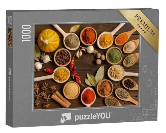 Puzzle 1000 Teile „Set indischer Gewürze auf Holztisch “