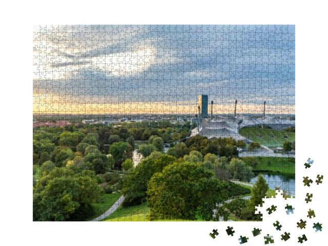 Puzzle 1000 Teile „Sonnenuntergang über dem Olympiastadtion in München“