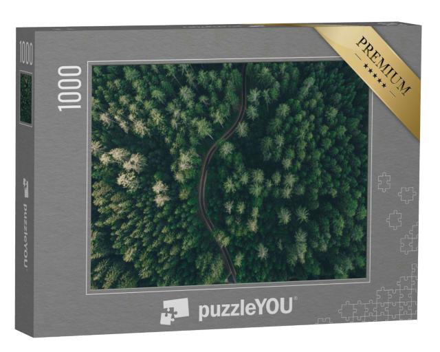 Puzzle 1000 Teile „Luftaufnahme einer kurvigen Straße inmitten eines Waldes“