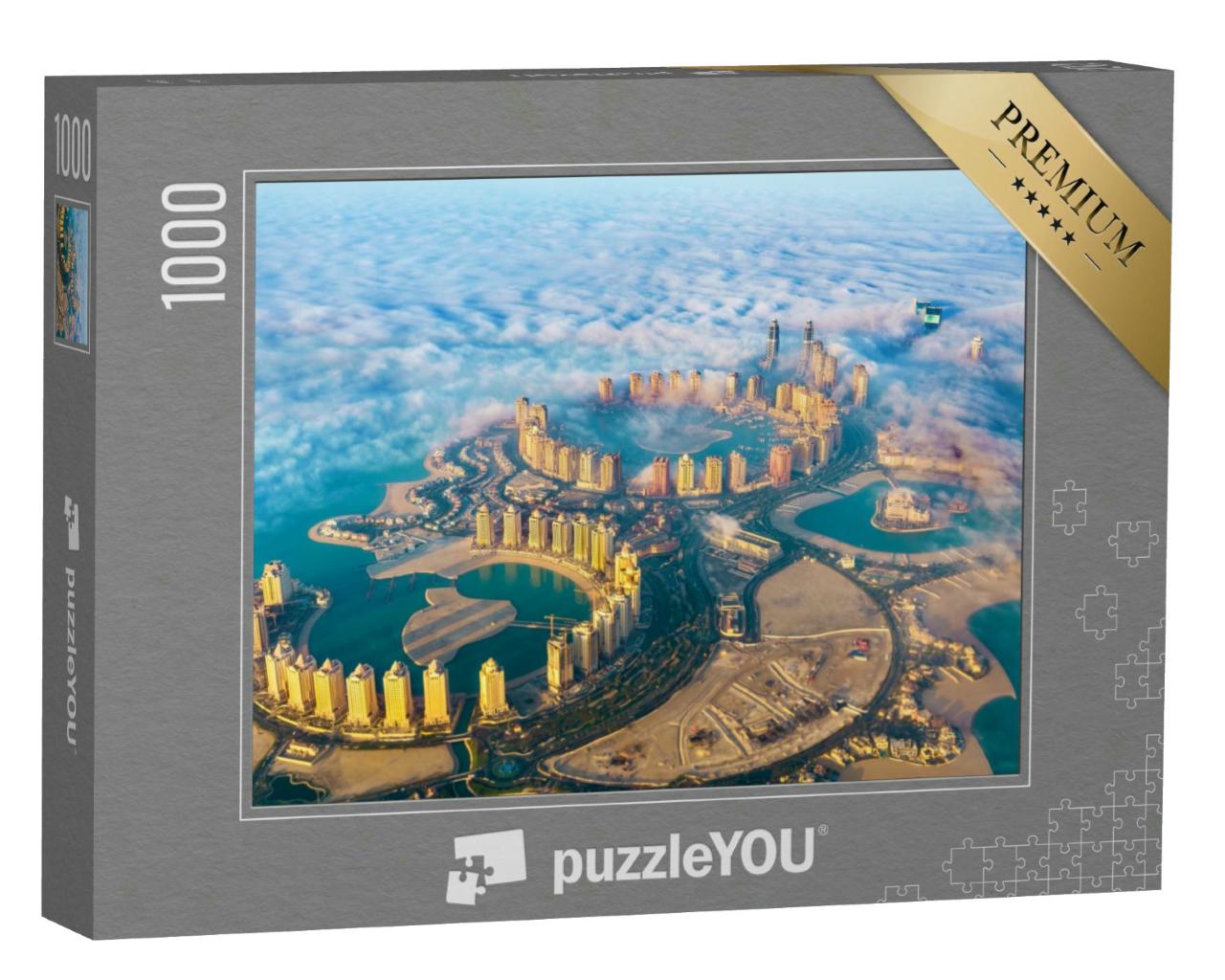 Puzzle 1000 Teile „Luftaufnahme der Pearl-Qatar-Insel in Doha im Morgennebel, Katar“