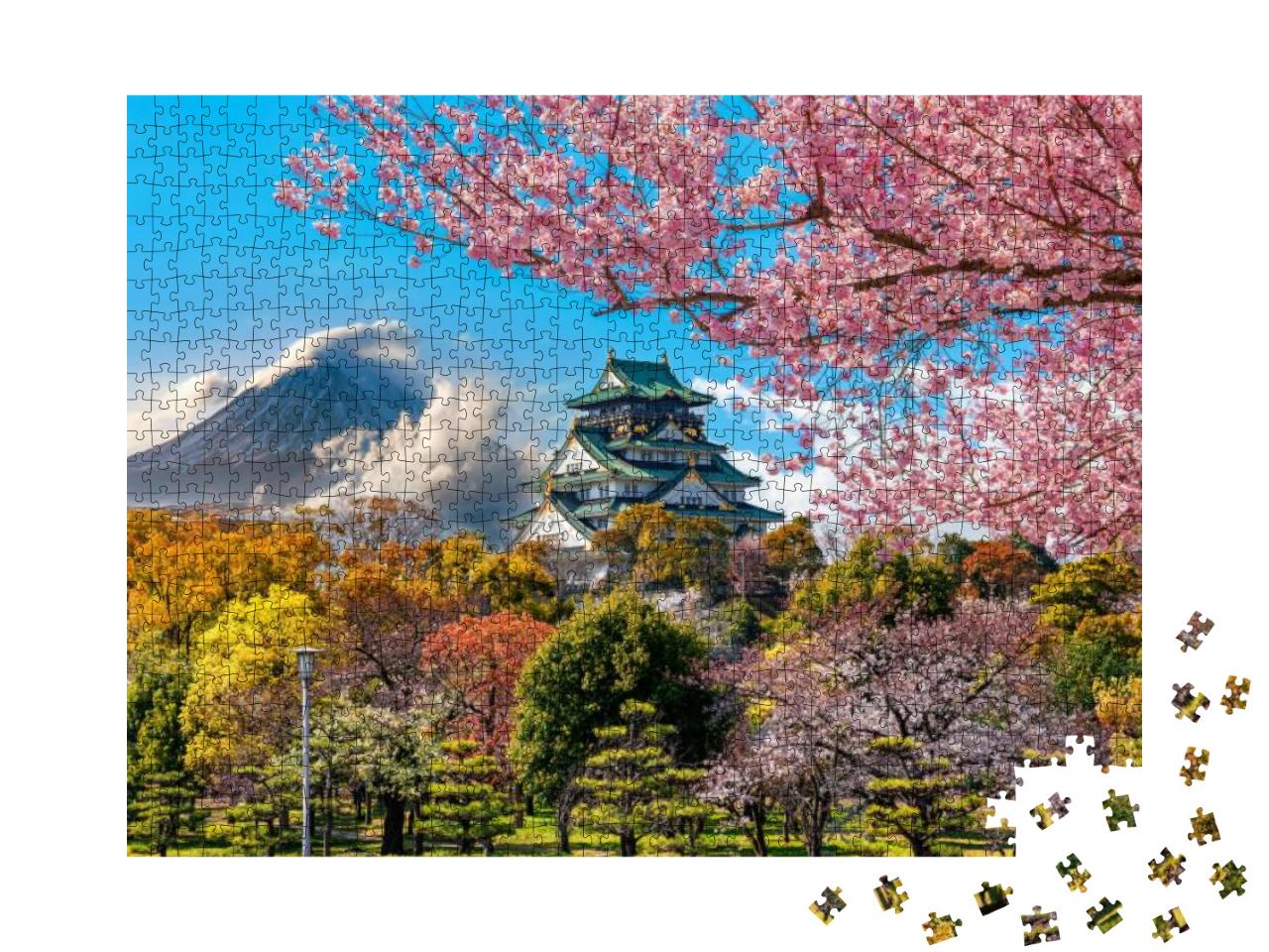 Puzzle 1000 Teile „Kirschblüte am Osaka Castle und Fuji Berg, Japan“