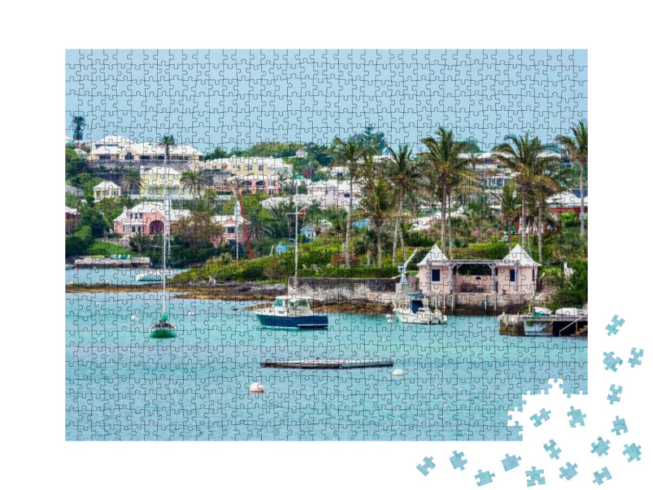 Puzzle 1000 Teile „Boote und bunte Architektur an der Küste in Hamilton, Bermuda“