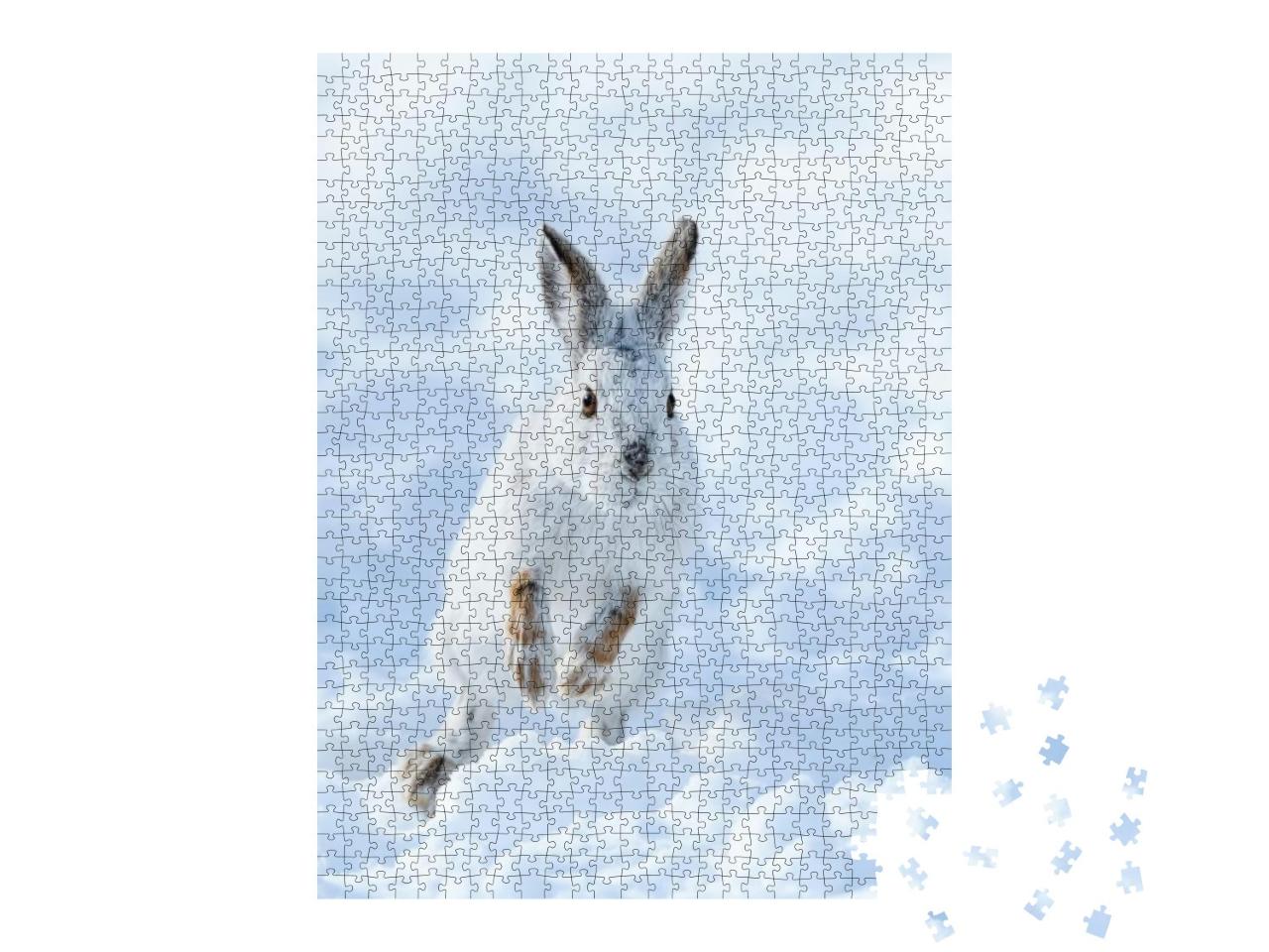Puzzle 1000 Teile „Weißer Schneeshase beim Springen durch den Schnee“
