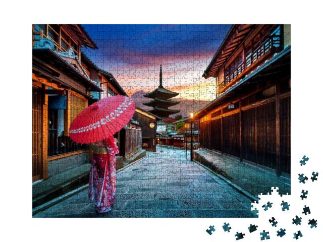 Puzzle 1000 Teile „Dame im traditionellen japanischen Kimono an der Yasaka-Pagode, Kyoto, Japan“