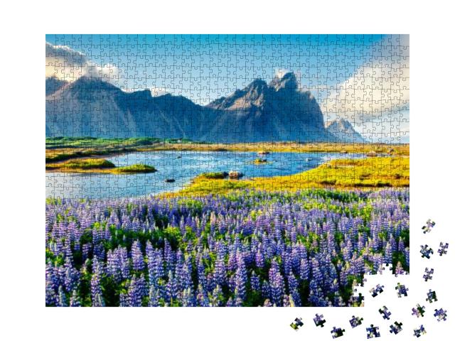 Puzzle 1000 Teile „Blühende Lupinen am Vestrahorn, isländische Küste“
