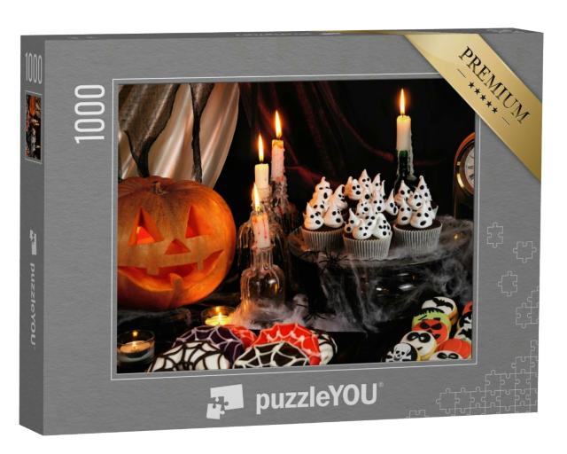 Puzzle 1000 Teile „Halloween-Dekoration mit buntem Gebäck und Kürbis“