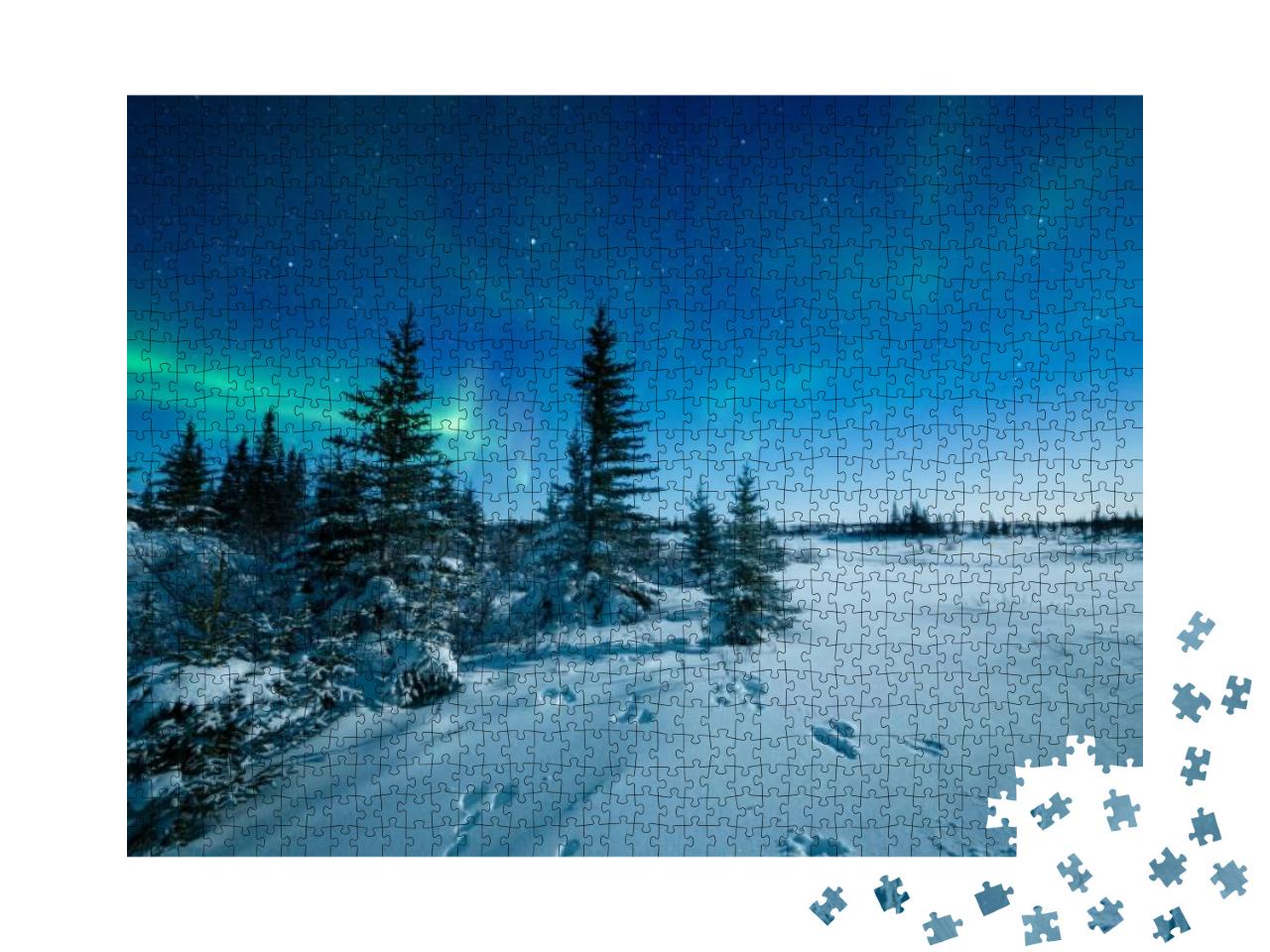 Puzzle 1000 Teile „Spuren im Schnee unter den Nordlichtern Aurora Borealis“