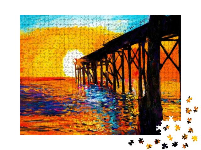Puzzle 1000 Teile „Original Ölgemälde auf Leinwand: Sonnenuntergang über der Brücke“