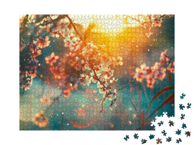 Puzzle 1000 Teile „Zart blühende Obstbäume im Sonnenaufgang“