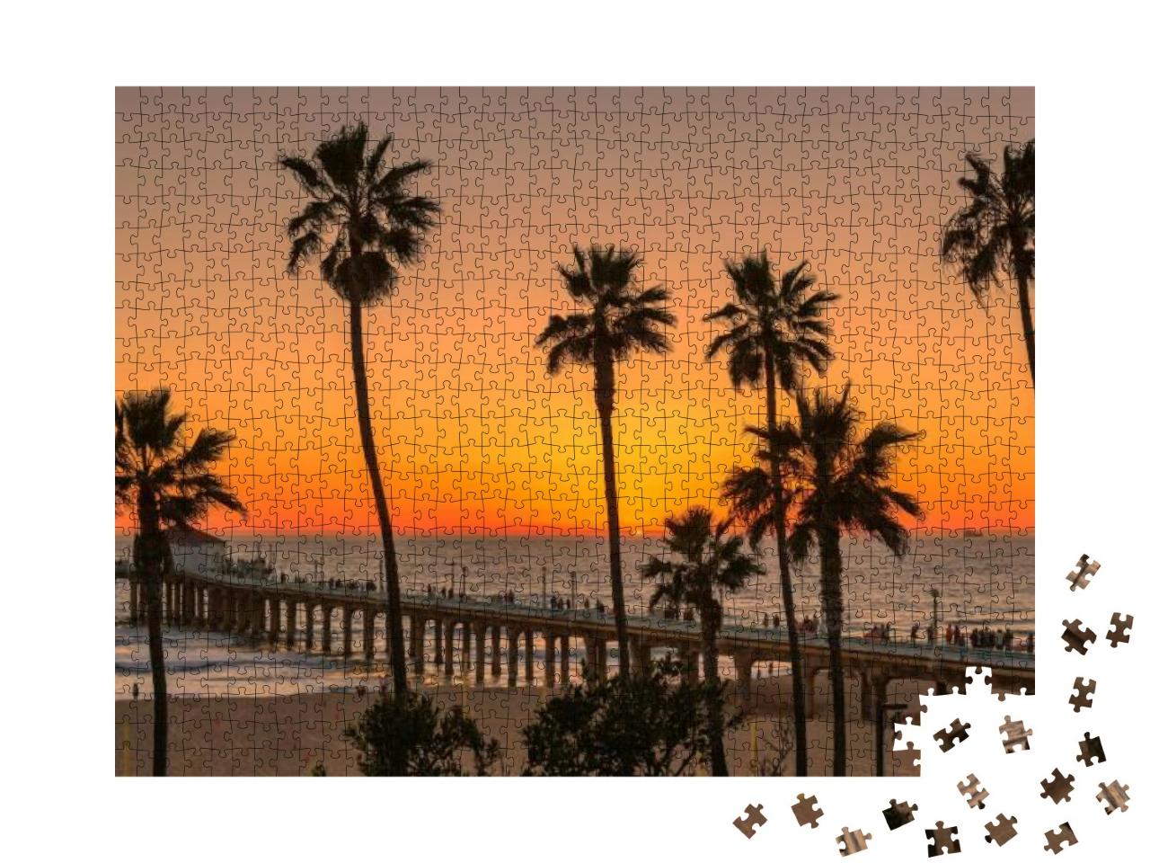 Puzzle 1000 Teile „Palmen am Manhattan Beach bei orangefarbenem Sonnenuntergang und Pier in Kalifornien, Los Angeles, USA.“