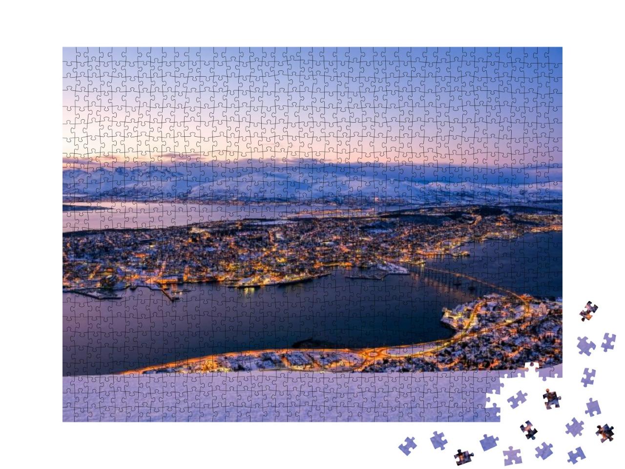 Puzzle 1000 Teile „Sonnenuntergang zur Winterzeit: Fjellheisen Seilbahn über Tromso, Norwegen“