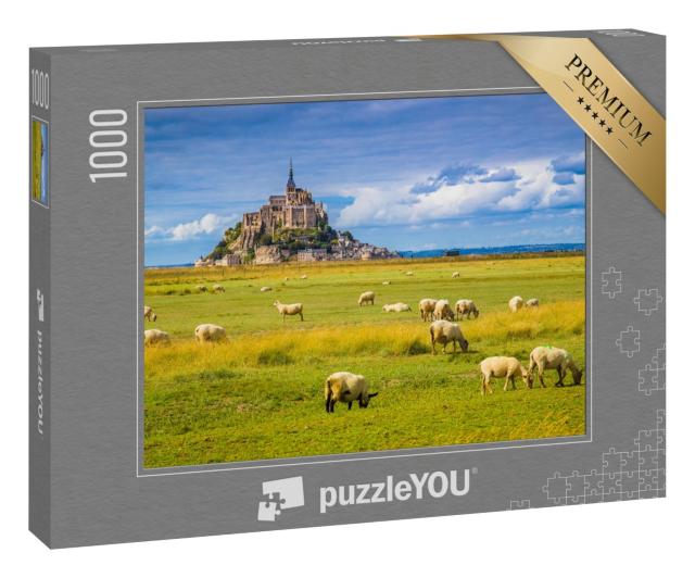Puzzle 1000 Teile „Le Mont Saint-Michel mit Schafen auf grünen Wiesen, Normandie, Frankreich“