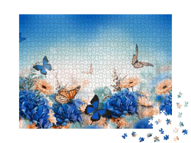 Puzzle 1000 Teile „Hortensien und Schmetterlinge“