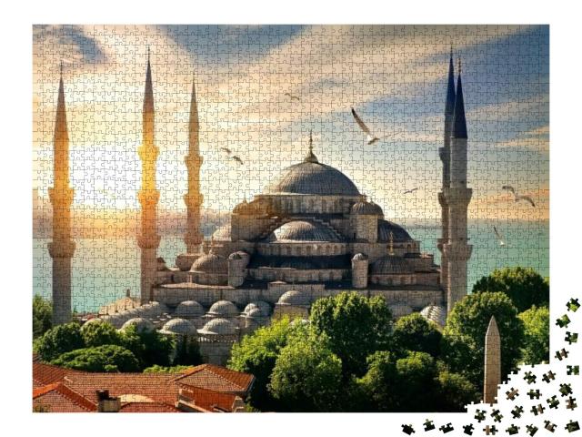 Puzzle 2000 Teile „Möwen über der Blauen Moschee und dem Bosporus in Istanbul“