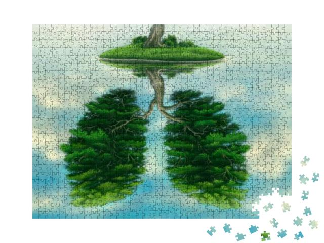 Puzzle 1000 Teile „Wasserreflektion eines zweigeteilten Baumes“