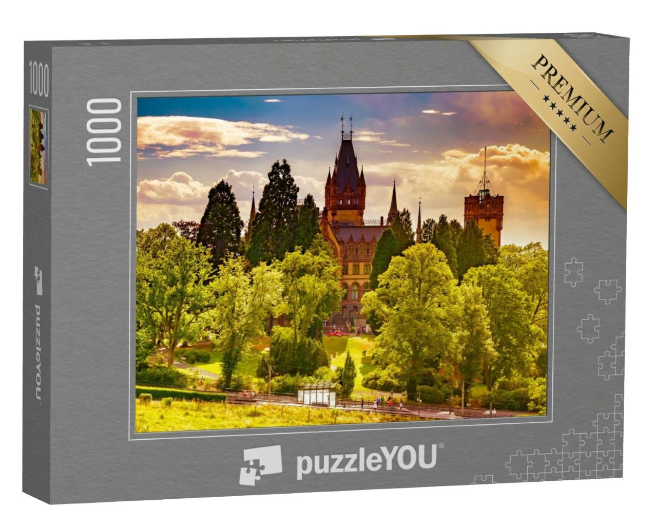 Puzzle 1000 Teile „Sonnenuntergangslandschaft mit Schloss Drachenburg in Königswinter am Rhein“