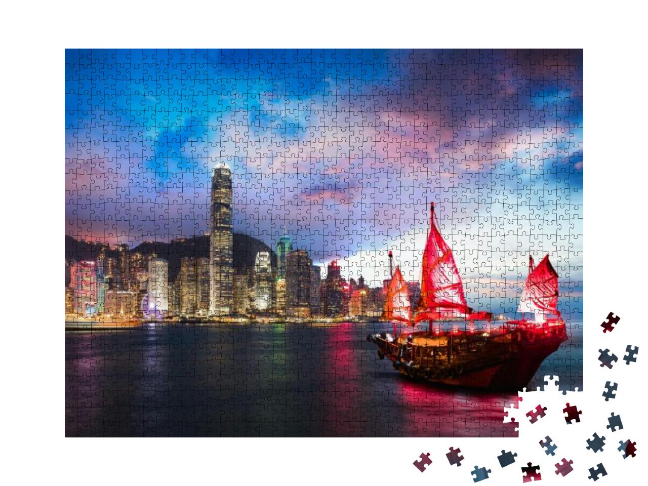 Puzzle 1000 Teile „Dschunke im Victoria Harbour, Hongkong“