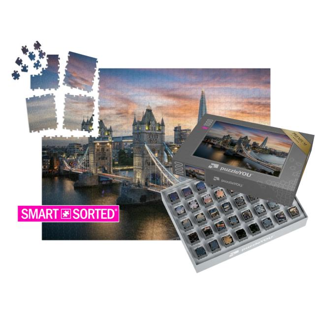 SMART SORTED® | Puzzle 1000 Teile „Blick auf die abendlich beleuchtete Tower Bridge, London, England“