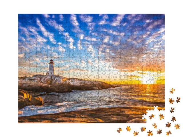 Puzzle 1000 Teile „Leuchtturm von Peggy's Cove im Sonnenuntergang, Kanada“