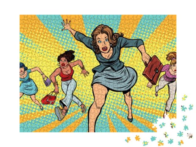 Puzzle 1000 Teile „Comic-Stil: Frauen rennen hektisch zum Verkauf“