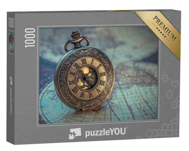Puzzle 1000 Teile „Antike Uhr auf einer alten Weltkarte“