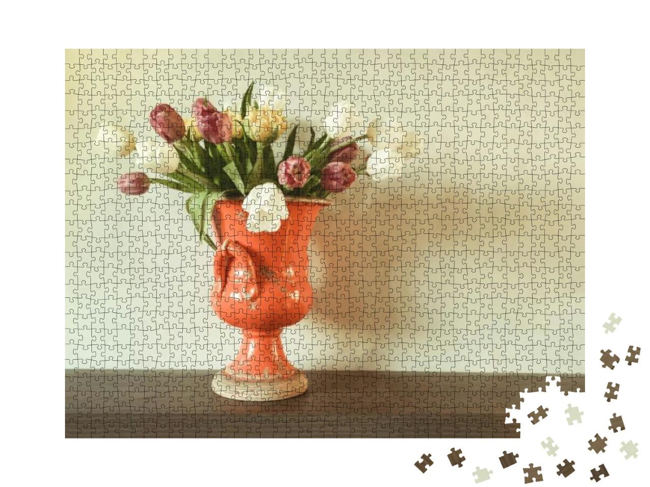 Puzzle 1000 Teile „Blumenstrauß aus Tulpen in einer roten Vintage-Keramik-Vase“
