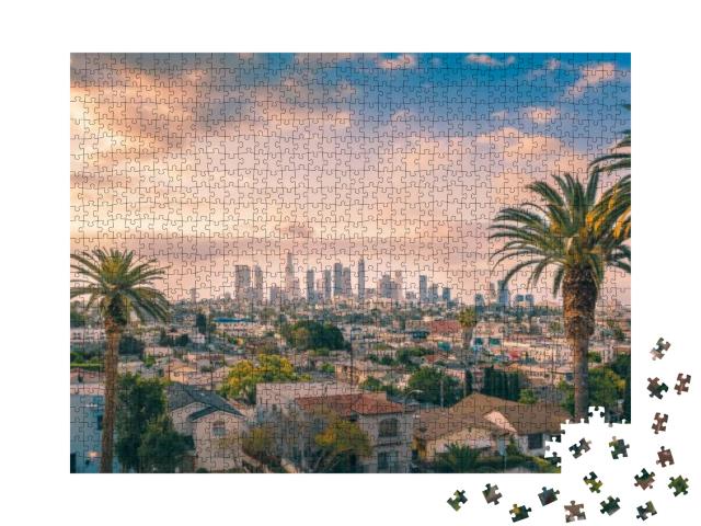 Puzzle 1000 Teile „Die Skyline von Los Angeles Downtown mit Palmen“