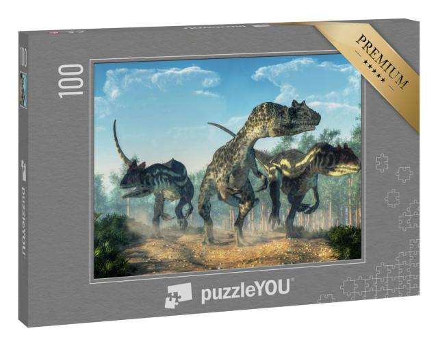 Puzzle 100 Teile „Drei Allosaurier wirbeln Staub auf “