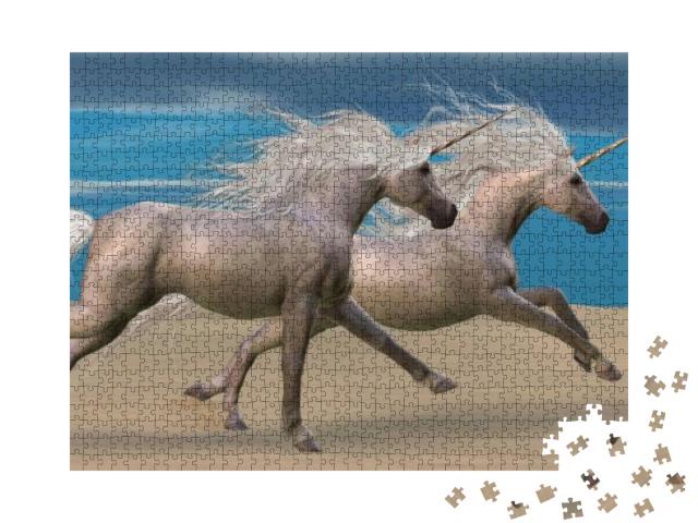 Puzzle 1000 Teile „Zwei weiße Einhornpferde galoppieren gemeinsam durch die Wüste“