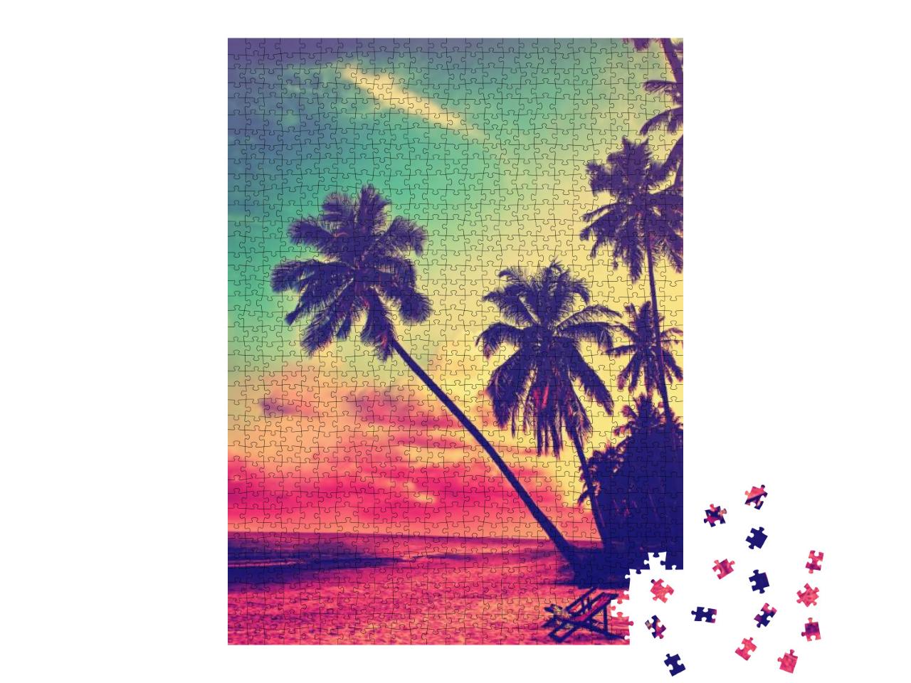 Puzzle 1000 Teile „Tropischer Strand mit Palmenshilouetten im Sonnenuntergang“