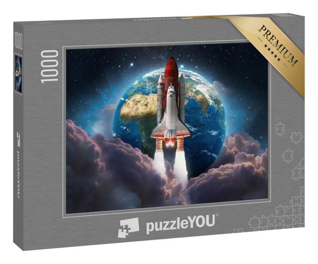 Puzzle 1000 Teile „Space Shuttle startet in den Weltraum, im Hintergrund die Erde“