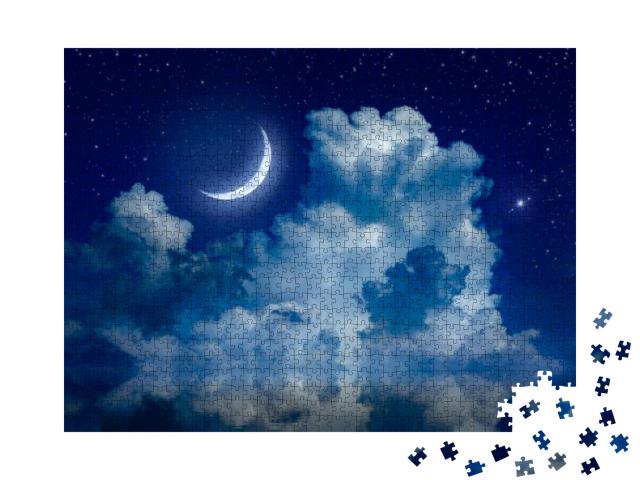 Puzzle 1000 Teile „Mondsichel im nächtlichen Sternenhimmel über dem Meer“