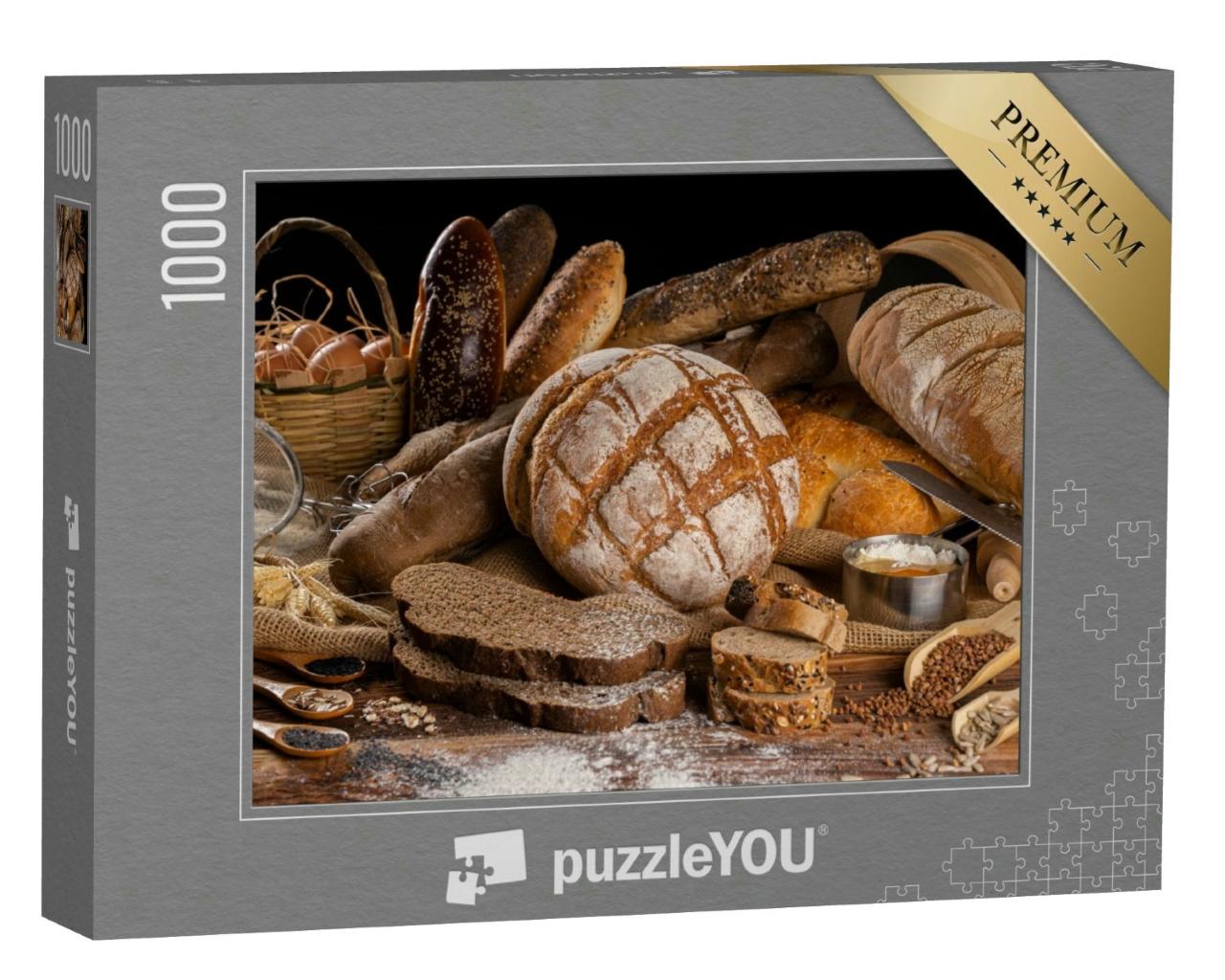 Puzzle 1000 Teile „Sortiment von gebackenem Brot auf Holztisch“