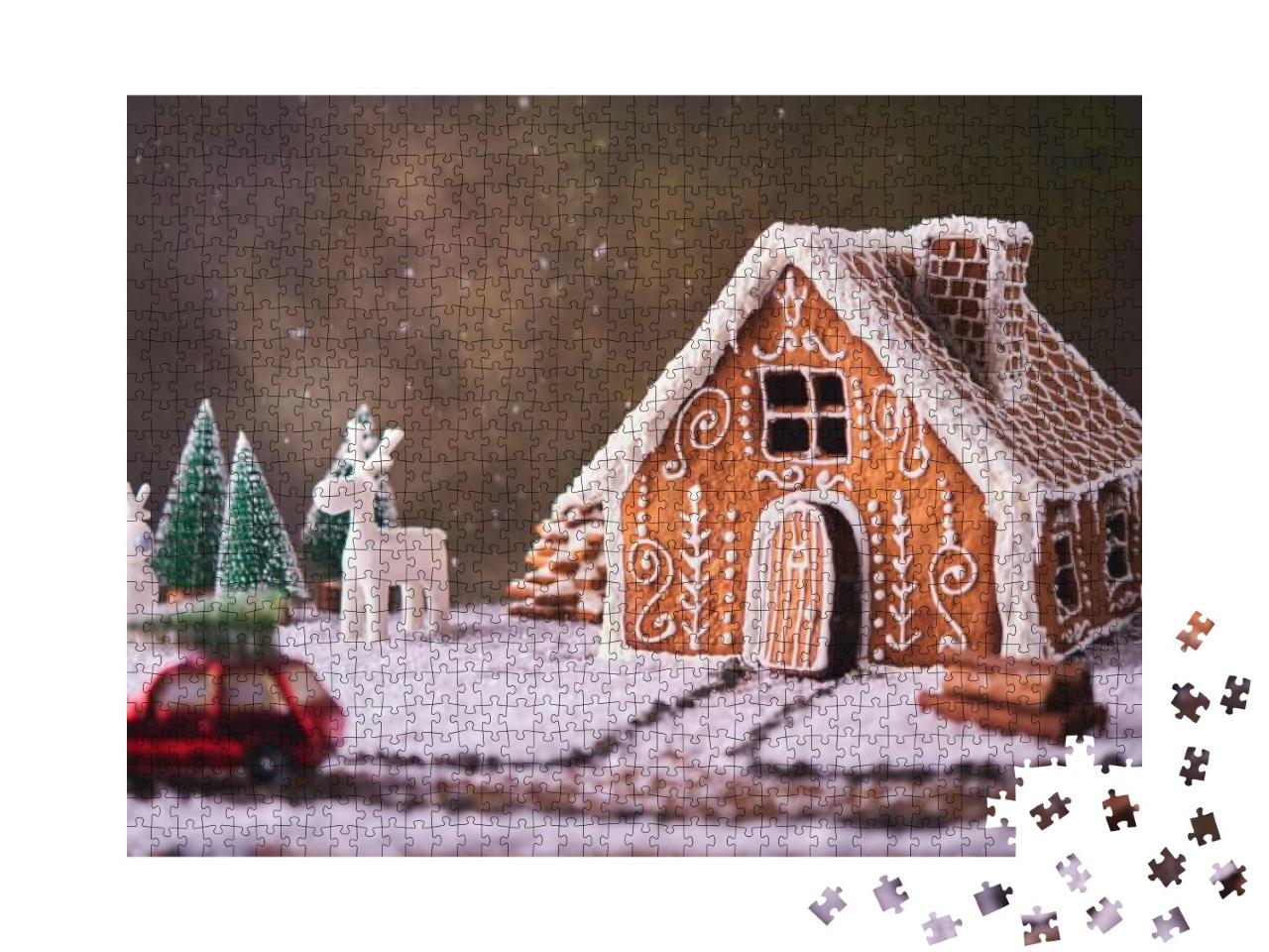 Puzzle 1000 Teile „Kleines Lebkuchenhaus in einer Weihnachtslandschaft“